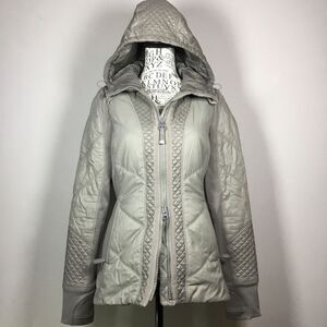 Athleta hooded jacket double zipper shiny grey reflective strip sz XS